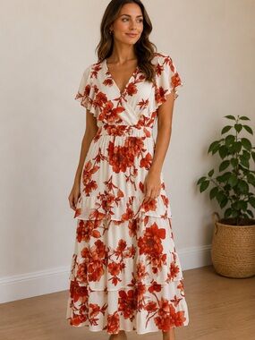 Floral Tiered Maxi Dress in Cream with Red Floral Print